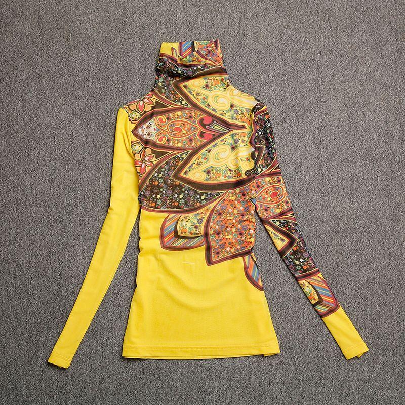 

European Station Color Mesh Long Sleeves Silm Bottoming Shirt Elegant yellow 2XL