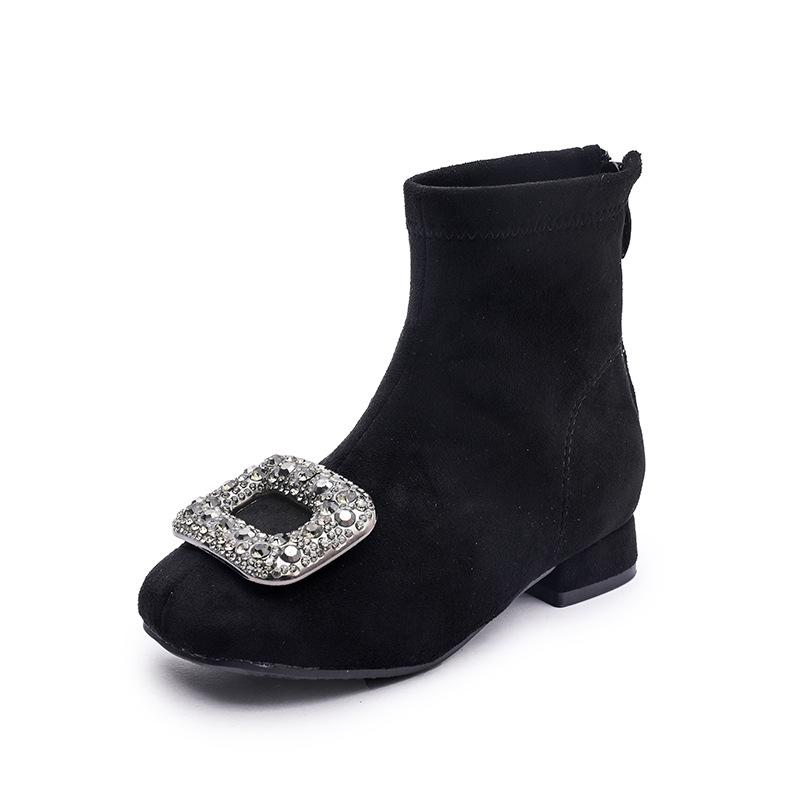 2025 new girls high heels shiny girls square head rhinestone buckle short boots autumn and winter warm temperament suede fashion boots