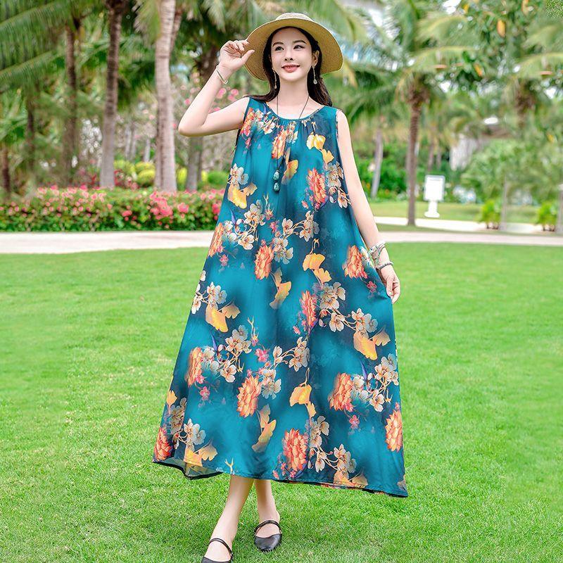Sleeveless Cotton Dress Summer Loose Plus Size Slimming Vest Vacation Long Dress Elegant Beach