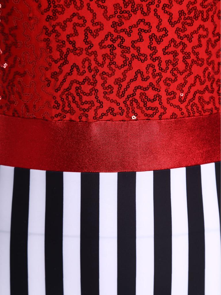 Adult Circus Ringmaster Bodysuit Sequined Patchwork Ruffled Hem Leotard and Metallic Gloves for Halloween Dress Up Party