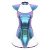 Womens Space Alien Cosplay Costume Fly Sleeve Cutout Briefs Bottom PVC Skirt One Piece Bodysuit Carnival Wear