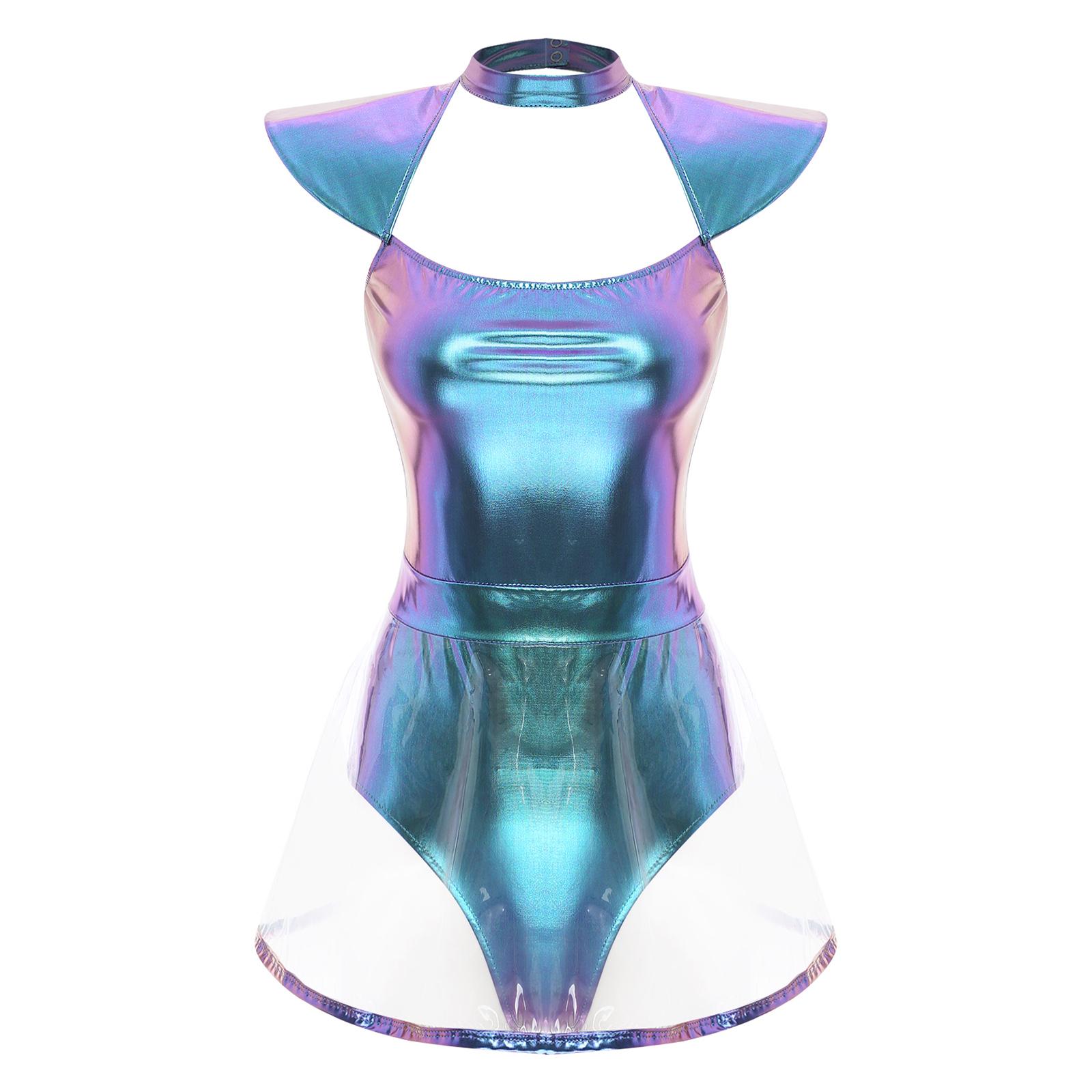 

Жіночий костюм для косплею інопланетянки, боді з рукавами-крильцями, вирізами та трусиками, спідниця з ПВХ, суцільний комбінезон, карнавальний одяг S синій