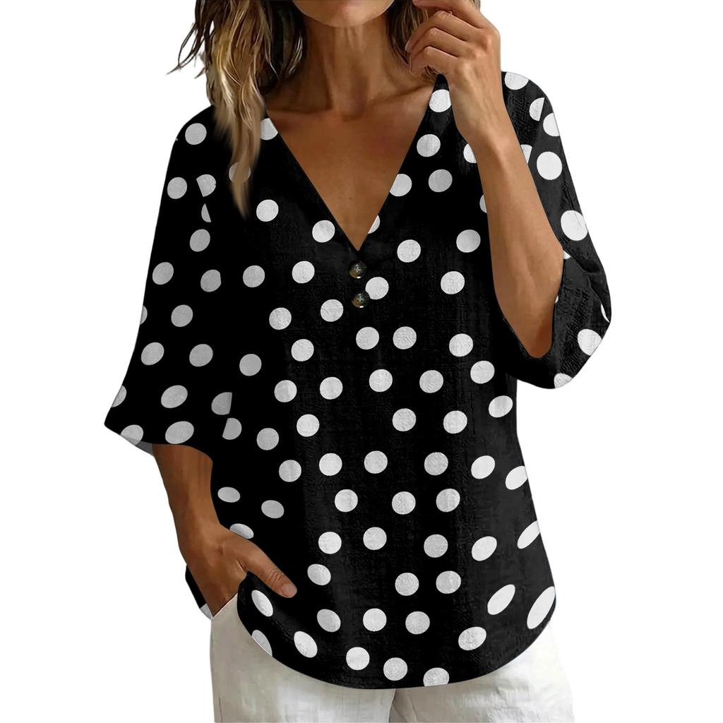 Women's Vintage Floral Print V-Neck T-Shirt - Loose Fit Short Sleeve Blouse, Faux Cotton-Linen Fabric