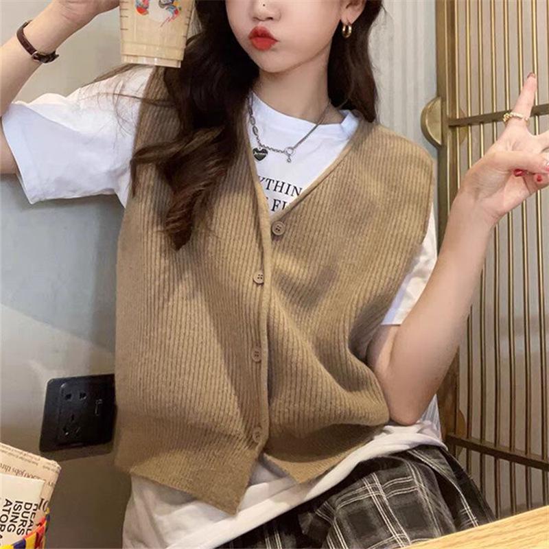 

Женский вязаный кардиган-жилет в корейском стиле 2025 года с V-образным вырезом без рукавов, приталенный One Size верблюд