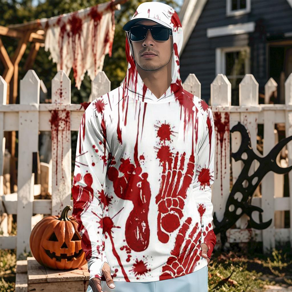 Men's Long Sleeve Hooded T-Shirt Quick Dry Sun Halloween Print for Fishing Gym Outdoor