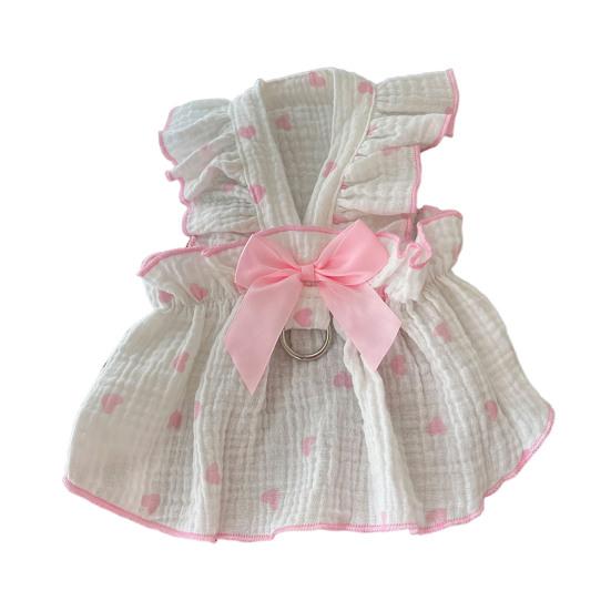 Pet Dress Love Heart Print Sleeveless Ruffle Bowknot Decor Breathable Spring Summer