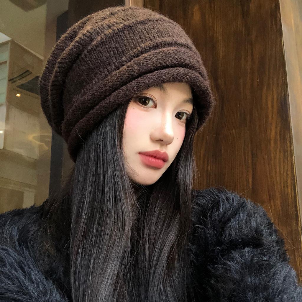 Big Head Circumference Coffee-Colored Knitted Stacking Hat Children'S Autumn And Winter Warm Face Small Cold Hat Versatile Warm Plain Head Hat