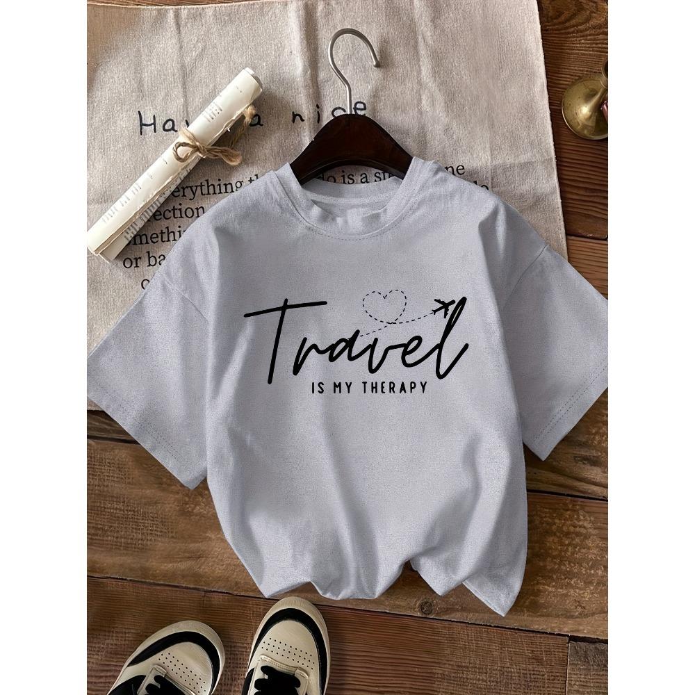 Women Casual Crew Neck T-Shirt Travel Is My Therapy Graphic Summer Short Sleeved Harajuku Streetwear Tops Tees