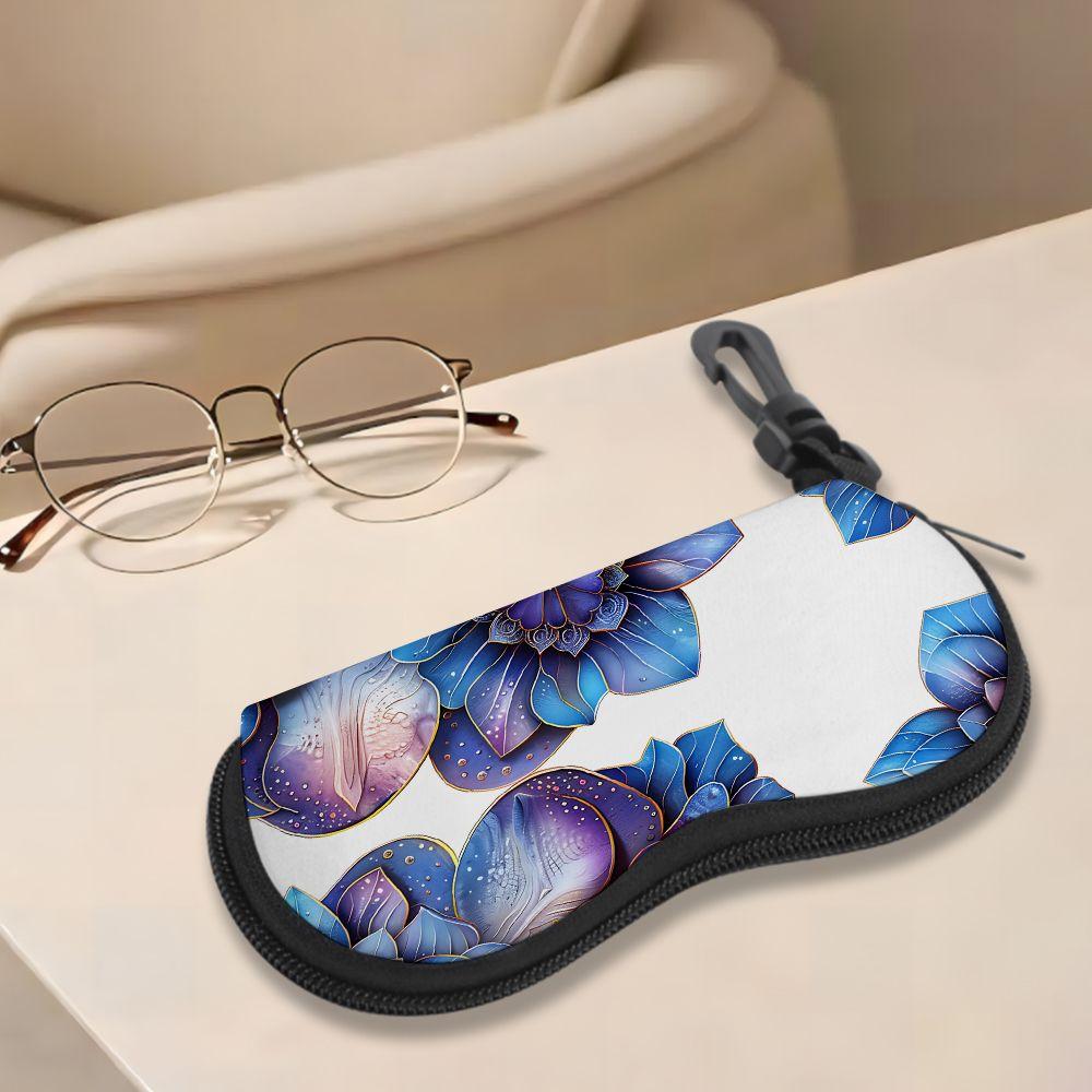 2D-Floral Print Protective Eyewear Case, Sunglasses Case for Women, Decorative Blue Purple Flower Pattern Storage Pouch, Portable Travel Eyeglasses Ho