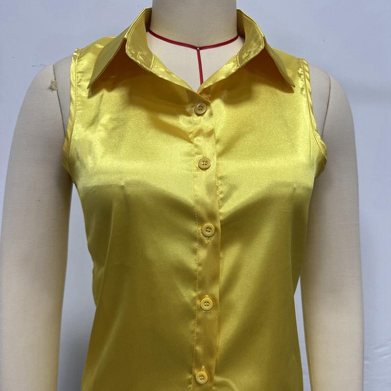Women's Satin Sleeveless Shirt Button Cardigan Top