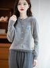 25 Autumn Winter Women's Pure Wool Cardigan with Heavy Embroidery and Color Block Design