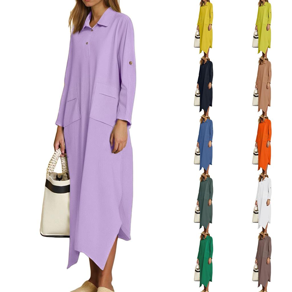 Women's Casual Solid Color Cotton And Linen V-Neck Long Sleeve Button Midi Dress