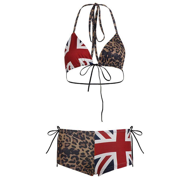 

European and American Hot Girl Style Leopard Print Bikini Set with Tie Design, Color-Blocked Tank Top, Low-Waist Shorts, Two-Piece Set for Women Flower color L