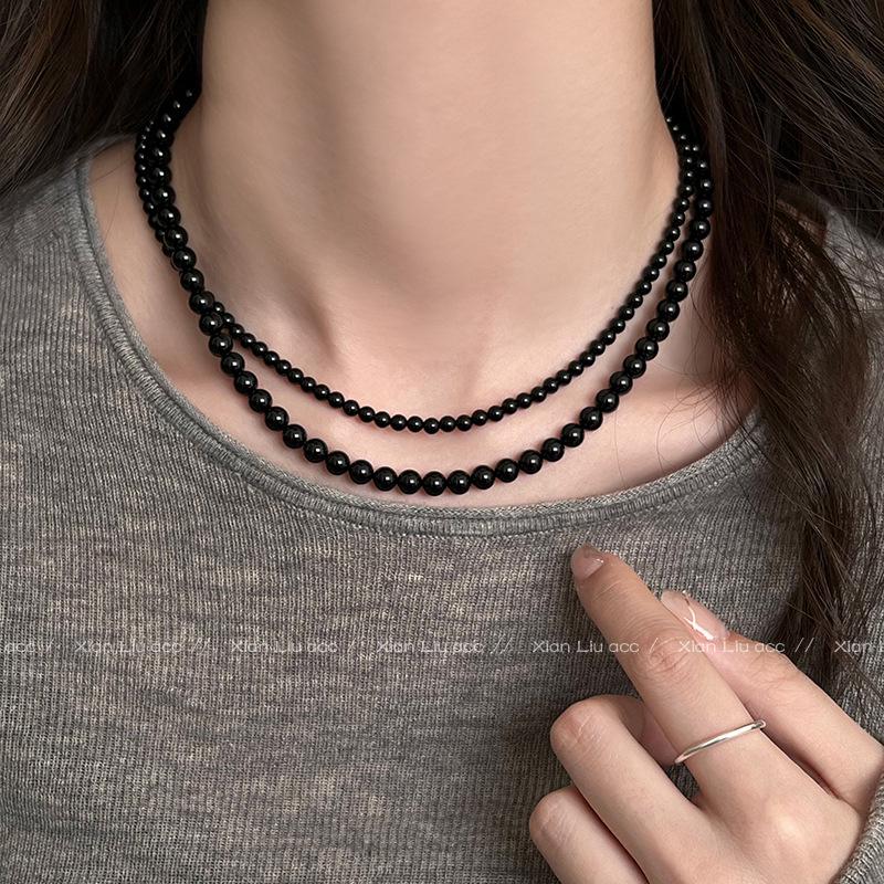 2025 Sense Layered Black Agate & Pearl Necklace - Light Luxury Women's Clavicle Chain Accessory
