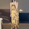 Women's Silk Satin Spring and Summer Floral Halter Dress Show Temperament Elegant Loose National Style Slimming Dress