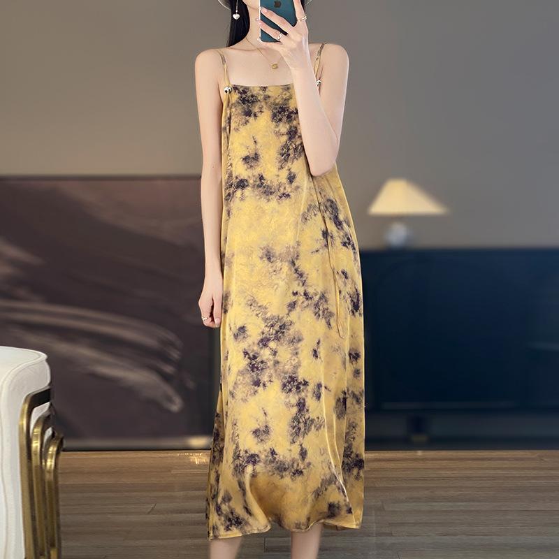 Women's Silk Satin Spring and Summer Floral Halter Dress Show Temperament Elegant Loose National Style Slimming Dress