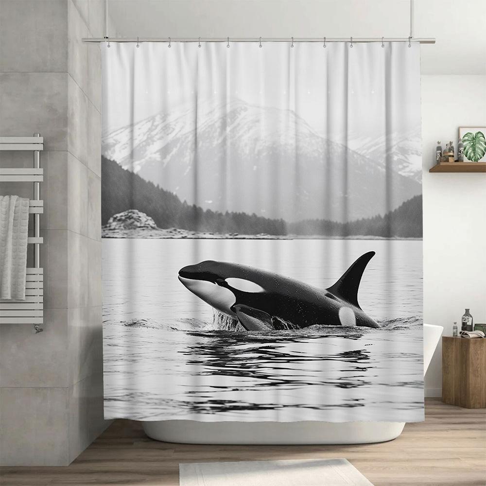 Whale Print Shower Curtain Waterproof Decorative Shower Panels for Bathroom Oceanic Marine Life Bathing Room Decoration Black Wh