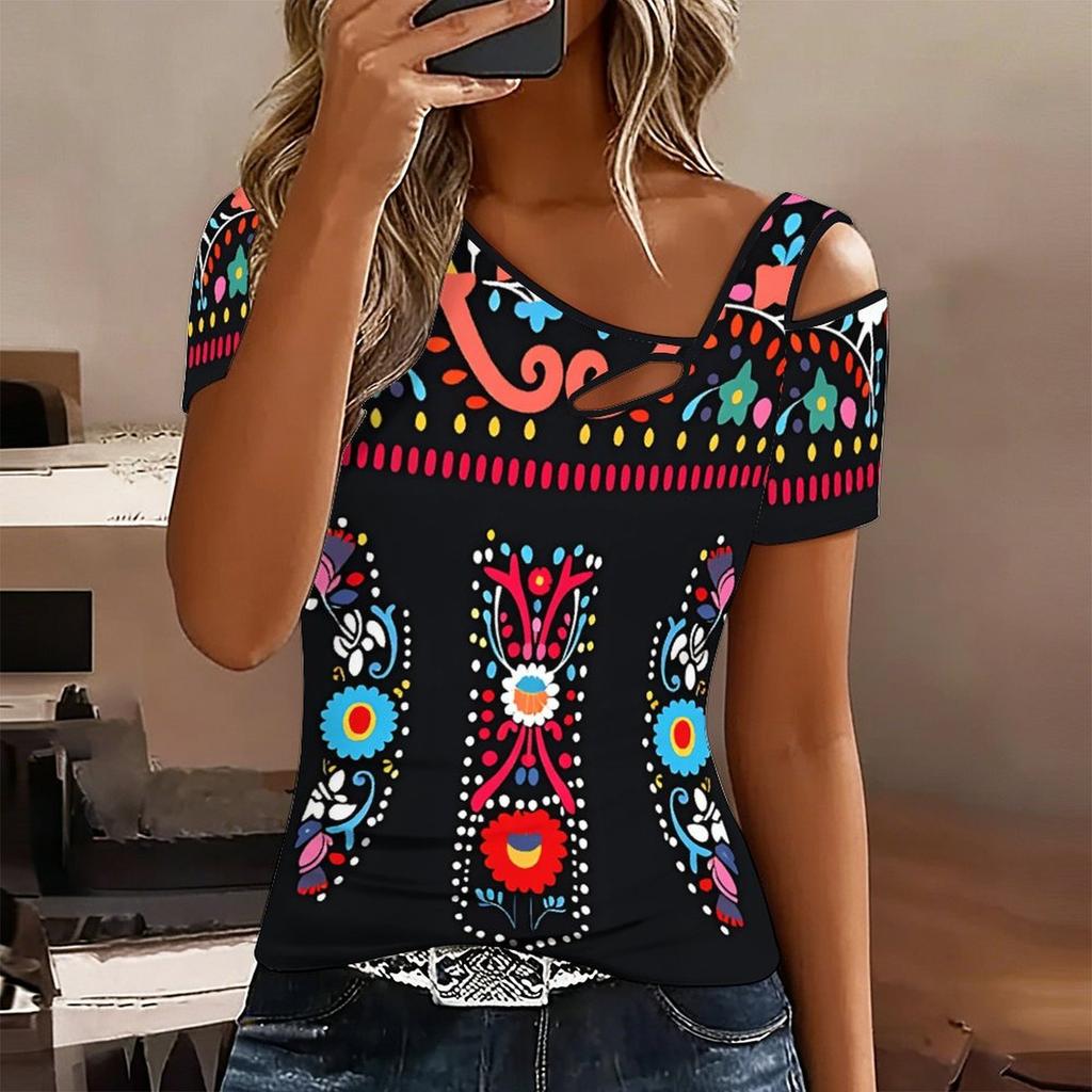 Women Skeleton Pattern Print Cold Shoulder Short Sleeve T Shirt Irregular Cutout Neck Casual Summer Blouse Top