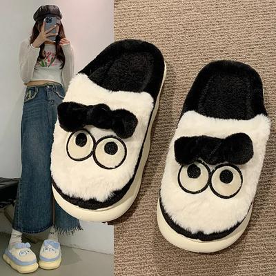 2024 New Cartoon Plush Slippers Women's Thick Sole Lightweight Leisure Large Eye Bow Home Cotton Slippers