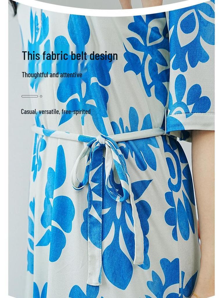 Guolian Floral V-Neck Slimming Long Dress - Mulberry Silk