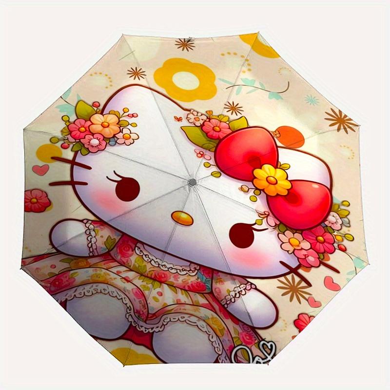 Hello Kitty,Floral Automatic Folding Umbrella-Simple 8-Rib Design, Bright Cartoon Pattern, Durable Iron Frame, Suitable For Travel, Outdoor,