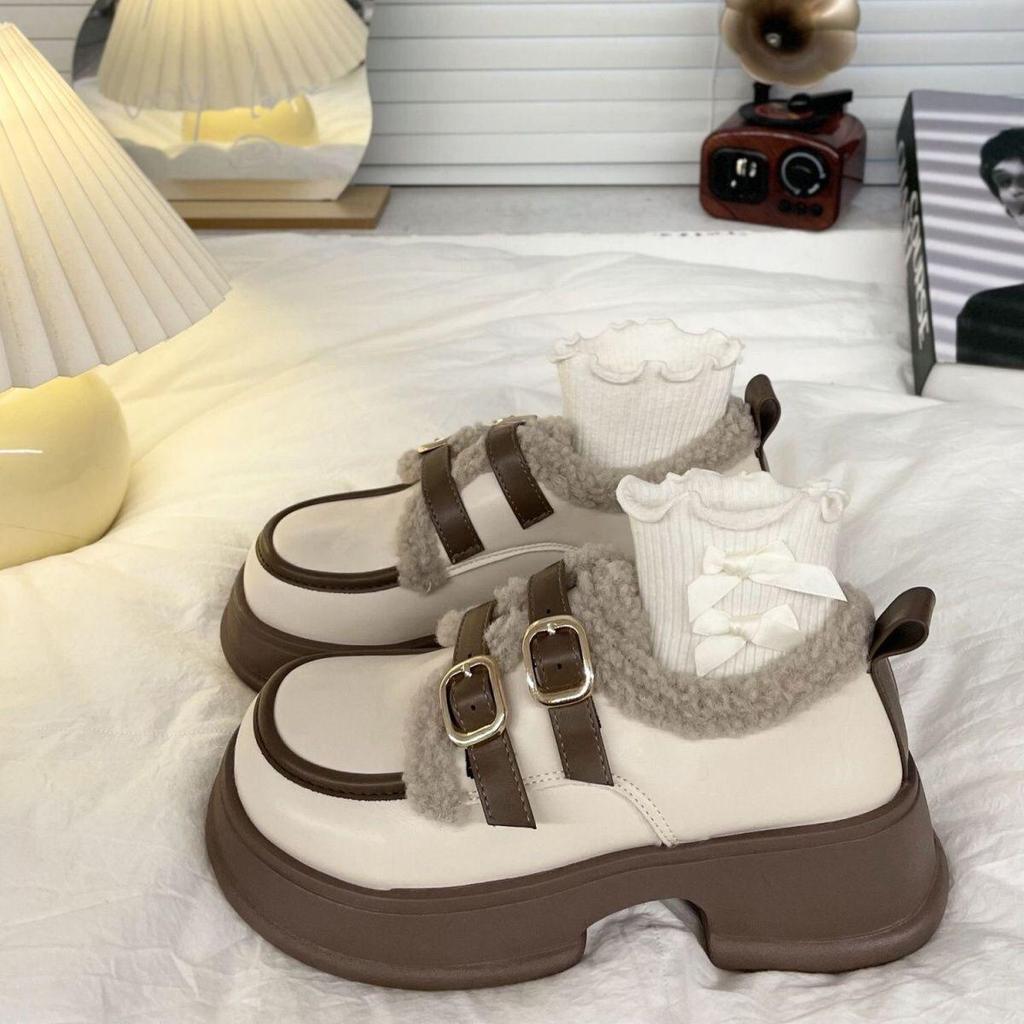 Brand Thick-Soled Leather Height-Increasing Warm Cotton Shoes for Women - Autumn/Winter Japanese Style