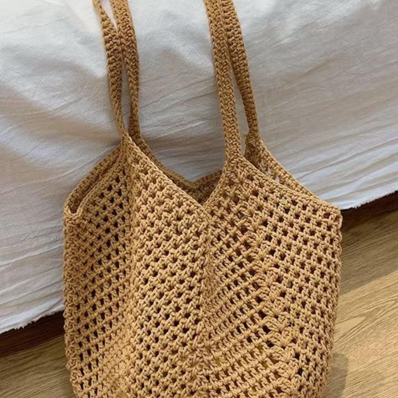 Women's Summer Large Capacity Cotton Underarm Tote - Hollow Weave Beach Bag