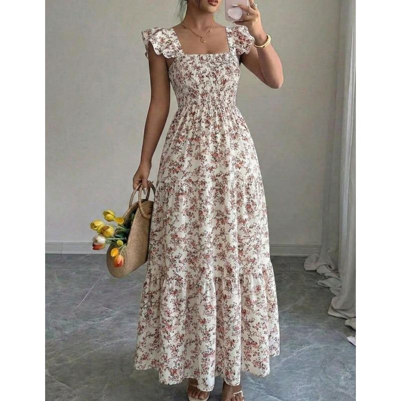 French Square Neck Dress Waist Long Dress European and American New Summer