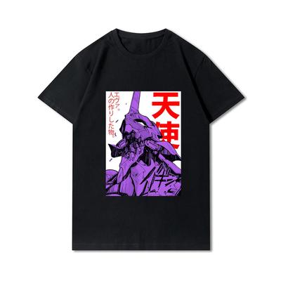Evangelion Printed Unisex T Shirts Round Neck Cotton Tops Summer Anime Casual Black Tees