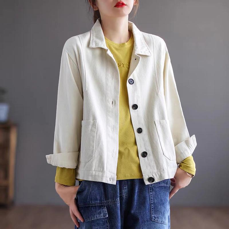 

Весенне-осенняя хлопковая куртка с длинным рукавом, женская литературная свободная и тонкая с лацканами, короткий топ M