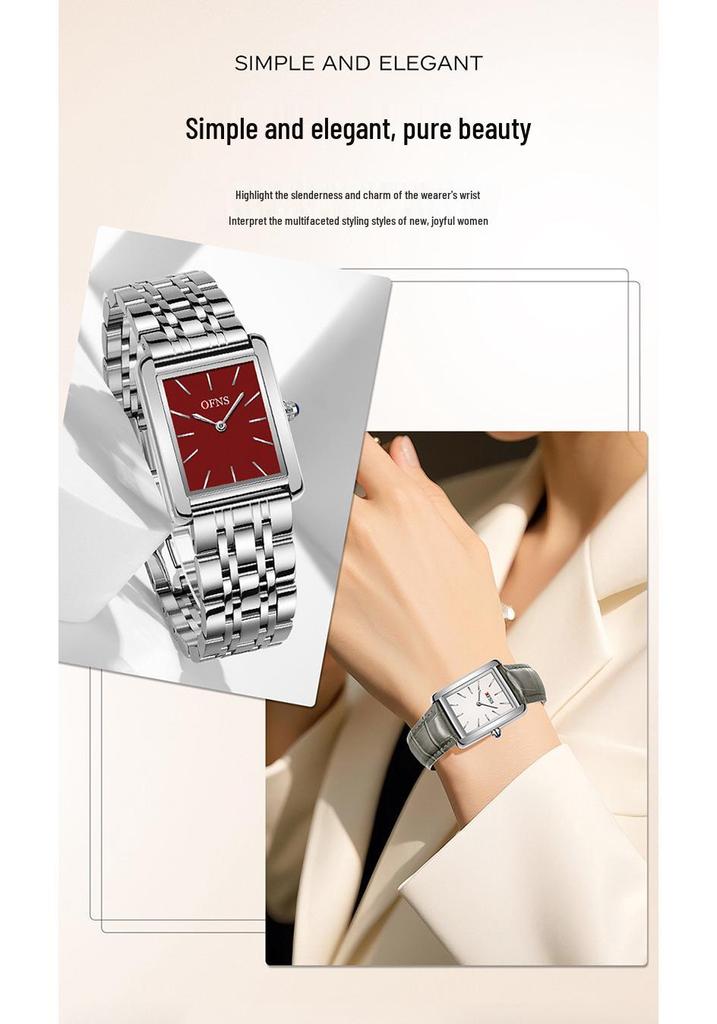 OFNS Women's Waterproof Stainless Steel and Leather Strap Square Fashion Quartz Watch
