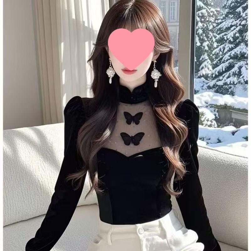 Elegant Black Velvet Mesh Splicing Top for Women - Autumn/Winter Stylish Base Layer