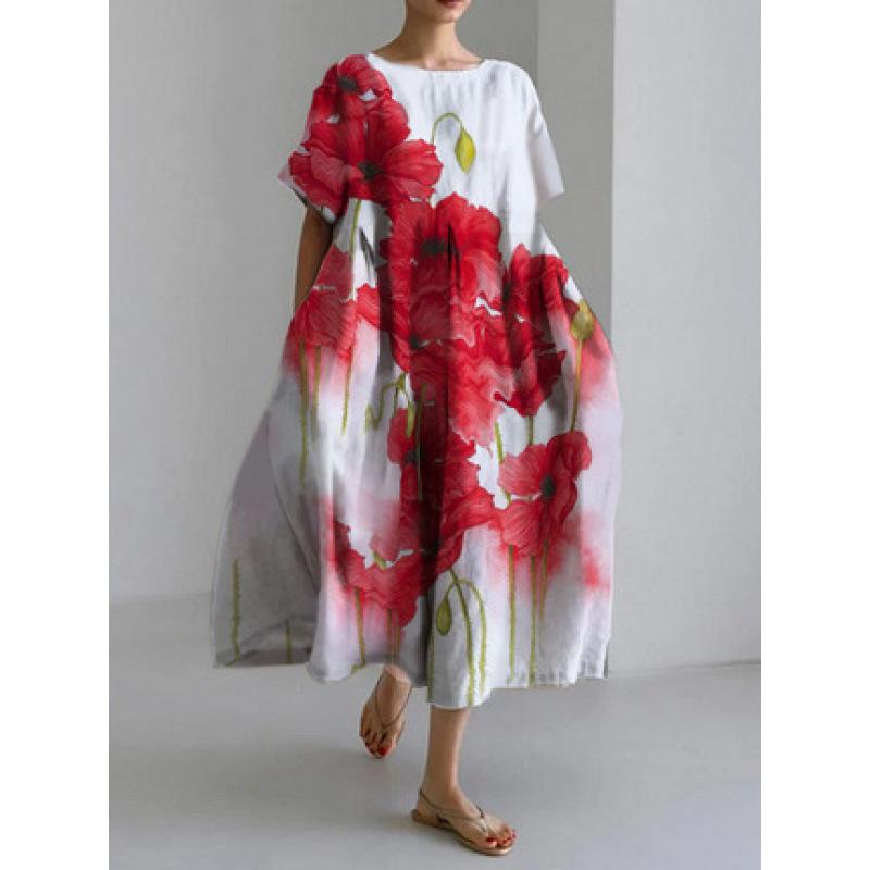 Damen Sommer Übergröße Gestreiftes Print Maxikleid, Lässiges Lockeres Rundhals Kurzarm Oversized A-Linien-Kleid