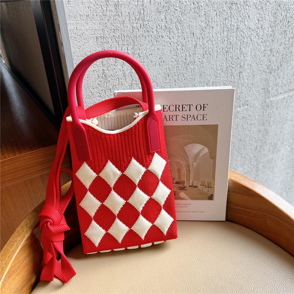 Plaid Cartoon Women's Crossbody Mini Bag: Cute, Lightweight, Knitted Phone Holder for Parent-Child Matching (2024)