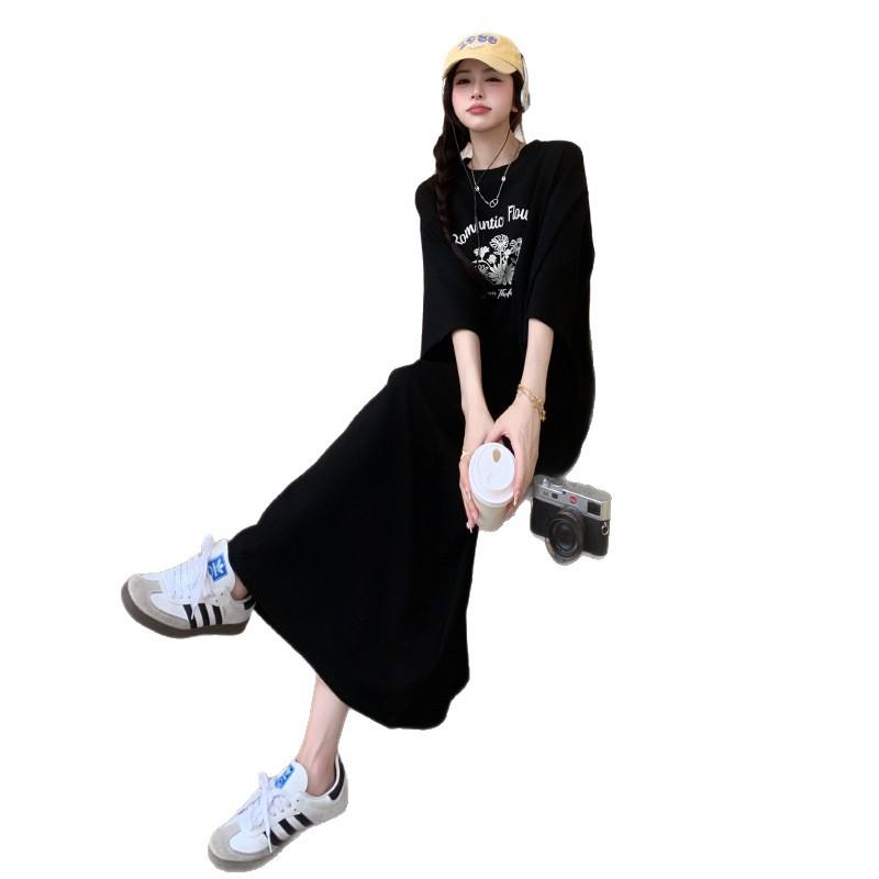 South Korea Dongdaemun short-sleeved t-shirt women's 2026 summer new fat mm simple medium and long knee-length dress