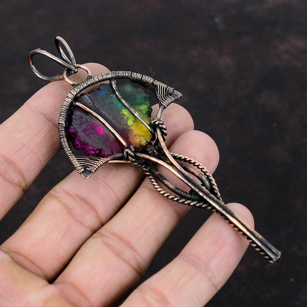 Rainbow Solar Quartz Druzy Pendant Copper Wire Wrapped Pendant Handmade Elegant Jewelry Boho Hippie Pendant Gemstone Copper Jewelry For Gift
