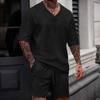 Men's V-neck Jacquard Casual Shirt & Shorts Set - Solid Color, Short-sleeve, Versatile