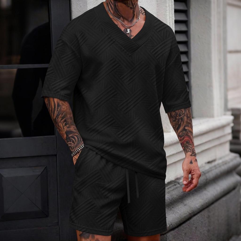 Men's V-neck Jacquard Casual Shirt & Shorts Set - Solid Color, Short-sleeve, Versatile