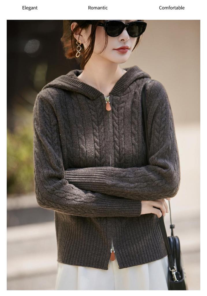 2025 Thickened Jacquard Knit Hooded Wool Cardigan: Women's Cable Knit Short Hoodie, Solid Color