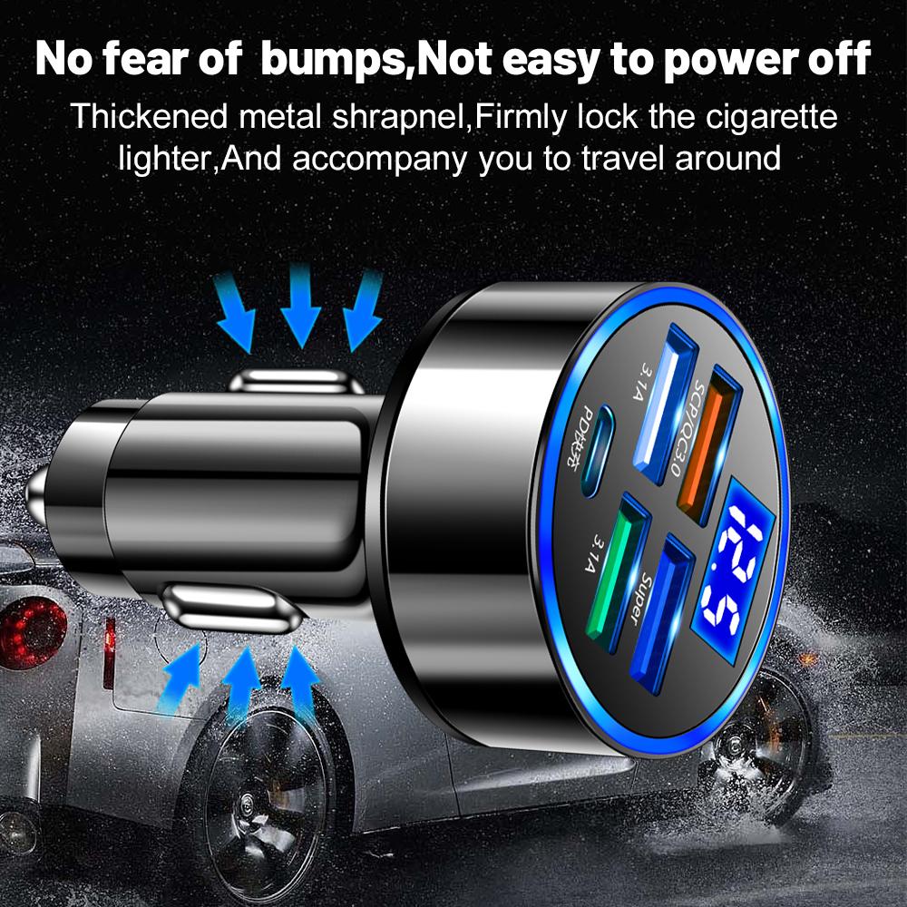 5 Ports Fast Charge PD QC3.0 USB C 250W LED Car Charger Car Phone Charger Type C Adapter In Car For Iphone Samsung Huawei Xiaomi