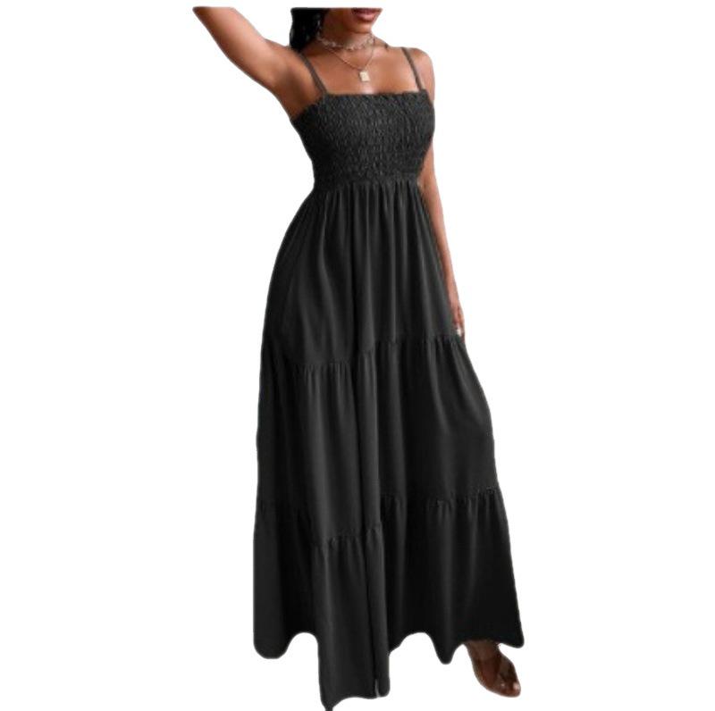 Elegant High-Waist Printed Suspender Dress - Solid Color, Cross-Border Trend