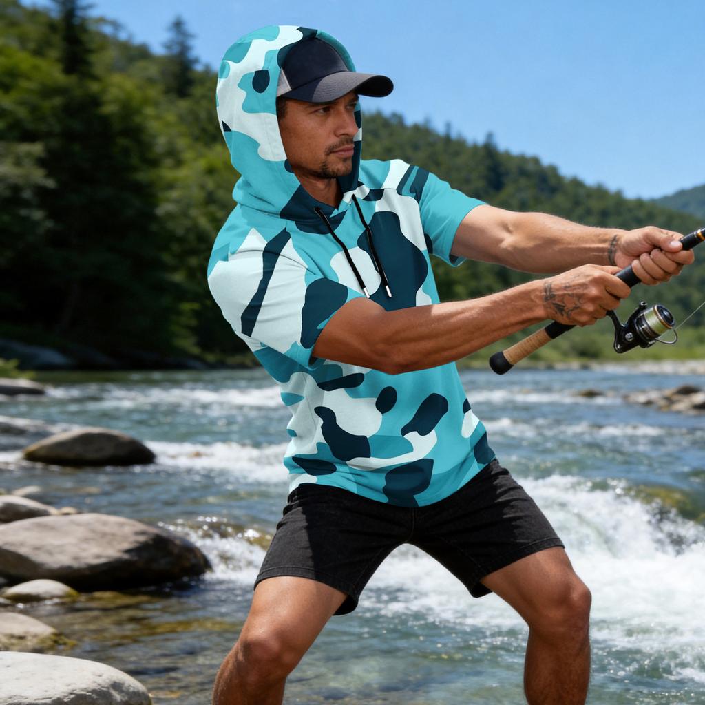 Men's Camouflage Print Raglan Sleeve Casual Sport Fishing Sun Protection Short Sleeve Hoodie Pullover Top for Outdoor Activities