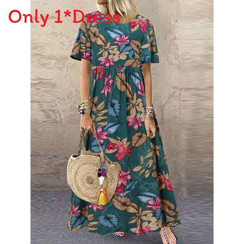 Vintage Floral Print Long Dress With Round Neck And Short Sleeves For Casual Summer Wear