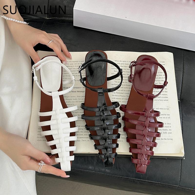 Fashion SUOJIALUN 2025 Summer New Brand Women Sandal Shoes Fashion Narrow Band Ladies Ankle Starp Slingback Shoes Soft Flat Heel Slides