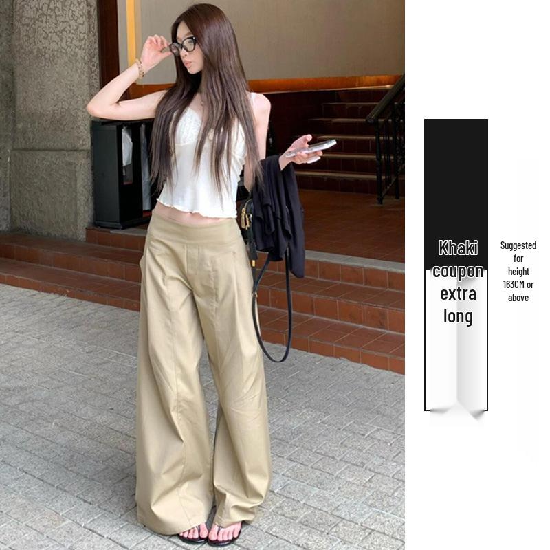 Women's Khaki High-Waisted Casual Wide-Leg Pants - Loose, Slimming, and Lightweight for Summer 2026