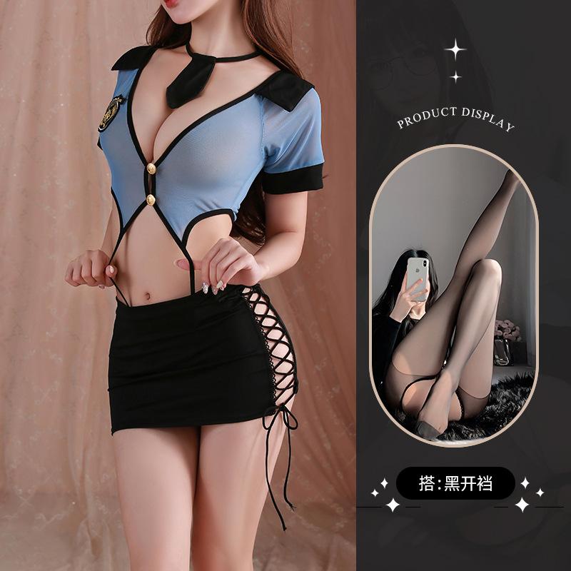 Sex lingerie policewoman uniform seduction one-piece suit sexy hollowed-out straps secretary hip skirt girl 11