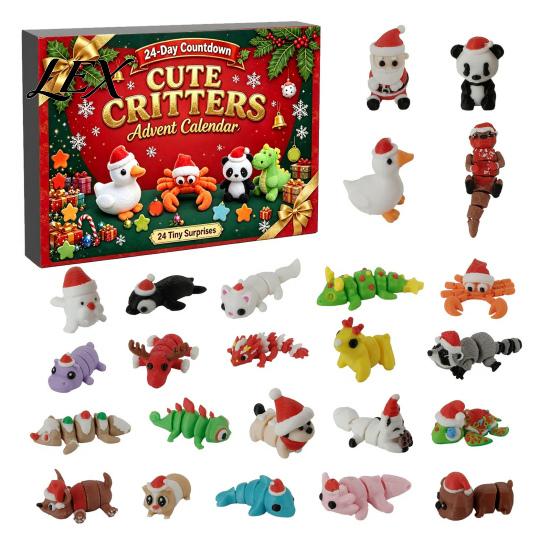 3D Printed Christmas Advent Calendar Calendar, 24-Day Animal Figure Countdown Box Cute Toy Figures with Articulated Joints, Holiday Tree Decor,