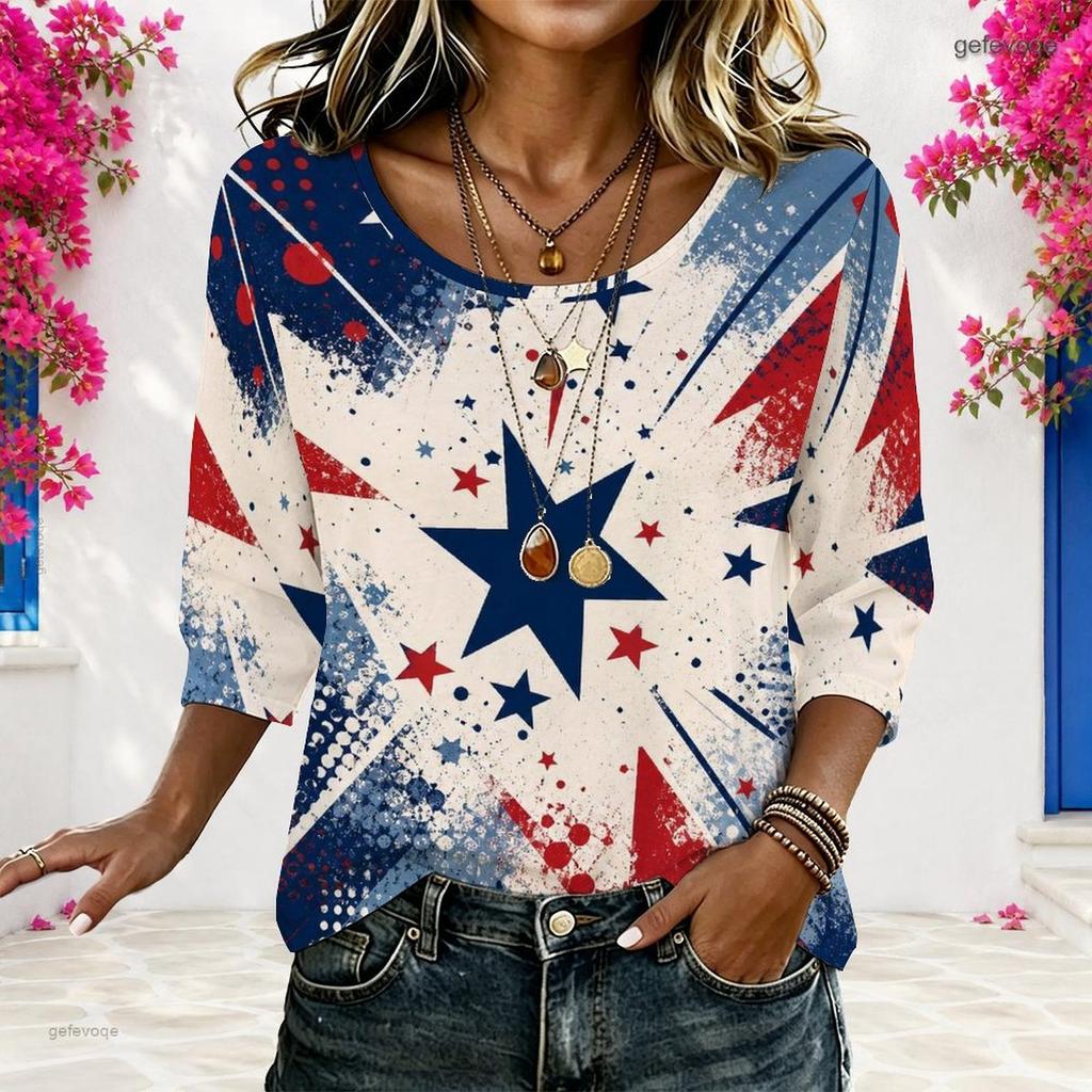 Women Plus Size Round Neck Half Sleeve Loose Fit Printed Blouse Red Blue White Star Print