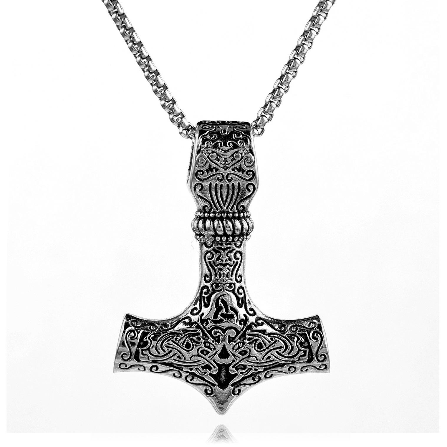 Viking Dragon Pattern Rune Silver Pendant Logo Pendant Silver Rough Hammered of Thor  Viking Thor Hammer Pendant Silver Jewelry Thor hammer Necklace серебряный