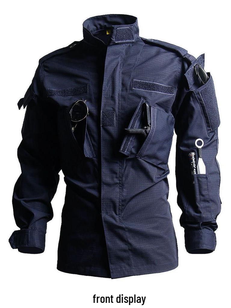 Męski ciemnoniebieski taktyczny garnitur treningowy outdoor: Odporna na ścieranie bojowa kurtka softshellowa